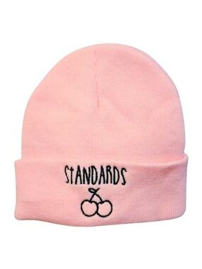 pink foldover knit beanie with cherries - one size - brand new